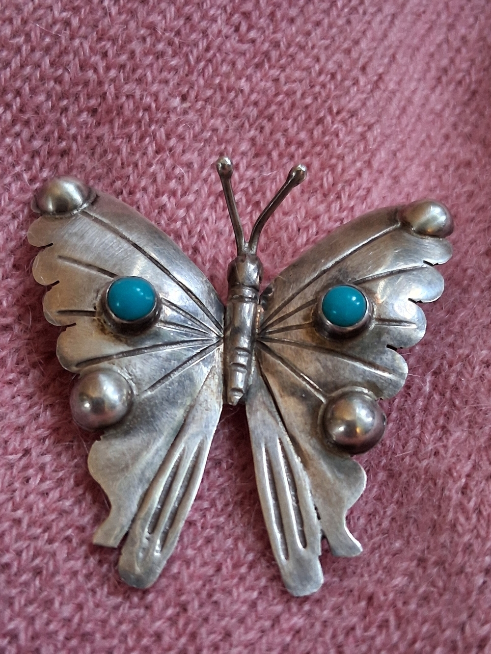 🦋Antique 1940's HechonMexico Sterling Silver Butterfly Brooch Genuine Turquoise